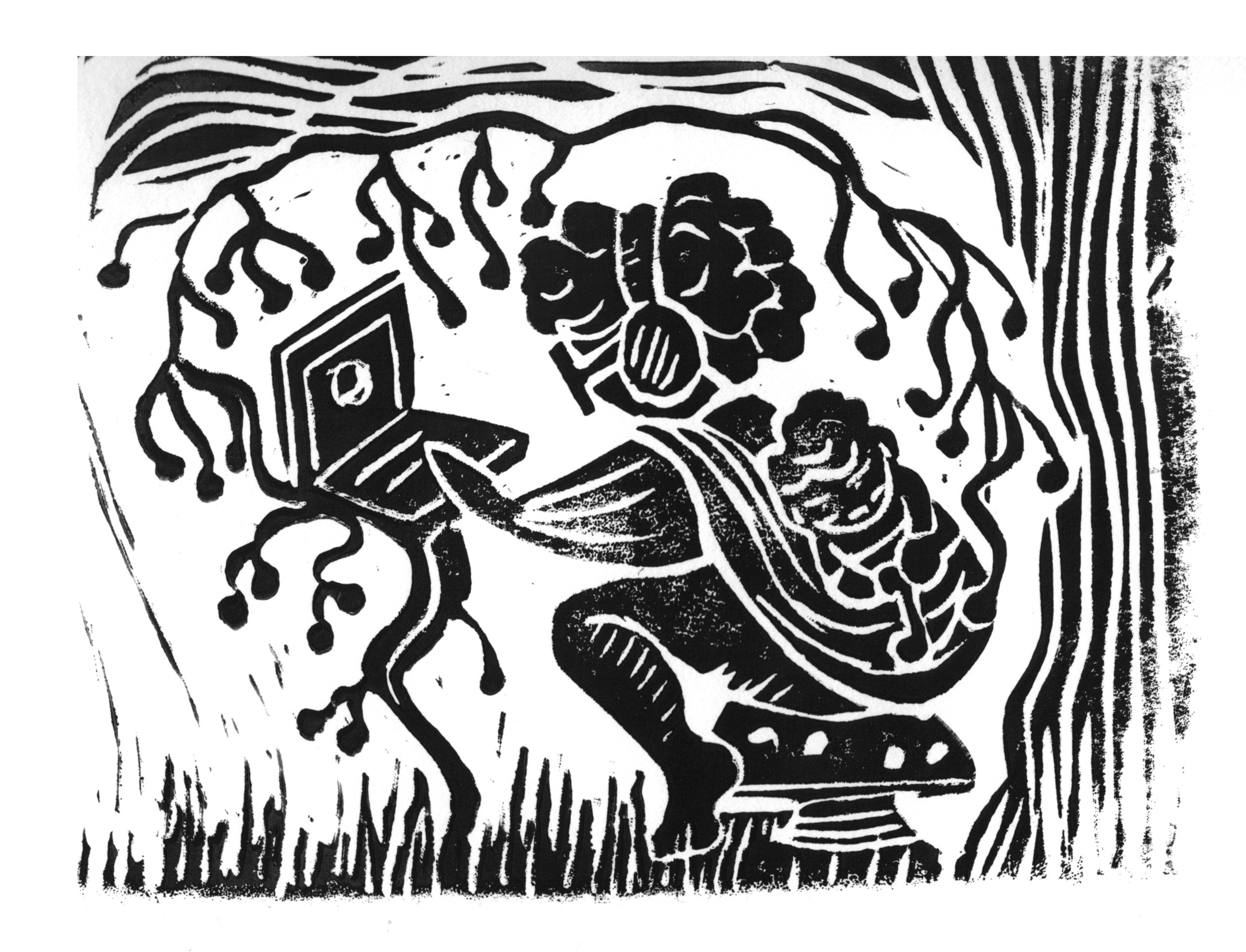 Woodcut image of a young woman with an infant in a pouch on her back. The woman is sitting on a toadstool, using a laptop that is set in a vine next to her.